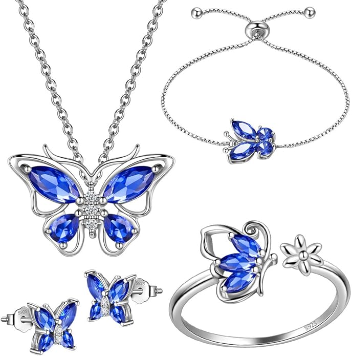 925 Sterling Silver Birthstone Butterfly Jewelry Women Crystal Animal Cute Butterflies Birthday Necklace/Earring/Ring/Bracelet Sets Birth Stone Statement Anniversary Jewellery