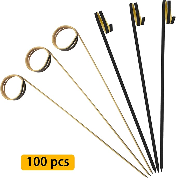 BLUE TOP Bamboo Cocktail Picks 100 PCS Black Bamboo Skewers 4 Inch with Looped Ring,Food Picks,Party Toothpicks for Appetizers,Cocktail Drinks,Barbecue Snacks,Club Sandwiches.