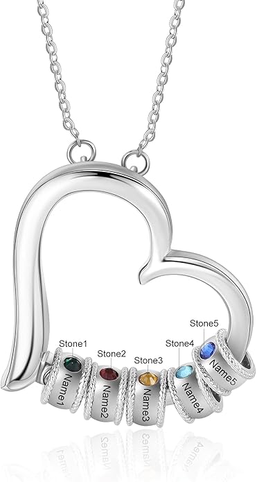 Personalized Women's Pendant Necklace 925 Sterling Silver with 1-5 Simulated Birthstone Names Customized Heart Shape Cubic Zirconia Necklace