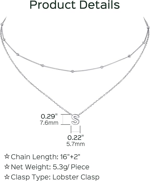 ChicSilver Layered Initial Necklace for Women, 925 Sterling Silver Personalized Letter A-Z Pendant Necklaces, Hypoallergenic Silver Choker with Adjustable 16" Rolo Chain, Dainty Birthday jewelry