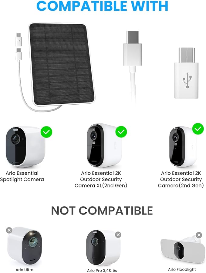 Solar Panel Charger Compatible with Arlo Essential 2K Outdoor(2nd Gen)/Essential XL Camera(2nd Gen)/Essential Spotlight, 5W Solar Panel with IP65 Waterproof 10ft Micro USB-C Cable & Wall Mount, 1 Pack
