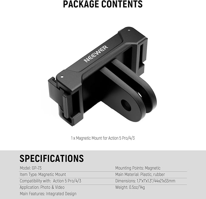 NEEWER Magnetic Mount Adapter Compatible with DJI Osmo Action 5 Pro 4 3, Quick Release Mount Base with Two Prong Connector for Tripods, Selfie Sticks, Vlogging Accessories, GP-73