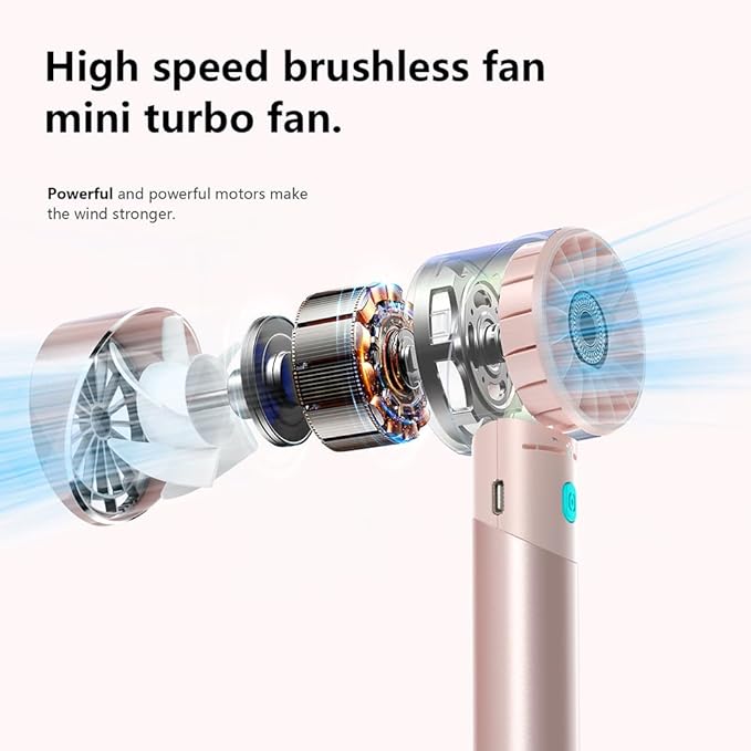 Handheld Fan, Mini Small Portable Turbo Fan, USB Type-C Rechargeable with 4 High Speeds Personal Fans, Max 16 Hours Working Time, Small Hand Fan for Travel, Camping, Office, Home, Outdoor - Pink