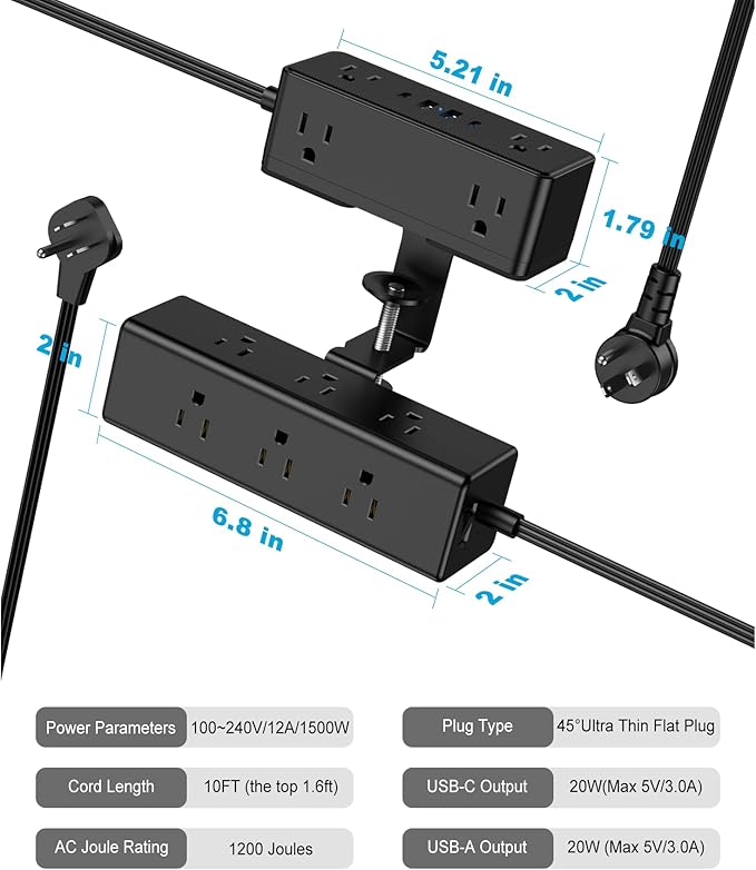 Dual Layer Desk Clamp Power Strip, Under Desk Power Strip with 4 USB Ports(2 USB-C) & 15 AC Outlets, Desk Mount Surge Protector, Ultra Thin Flat Plug & 10FT Power Cord for Office Home(ETL Listed)