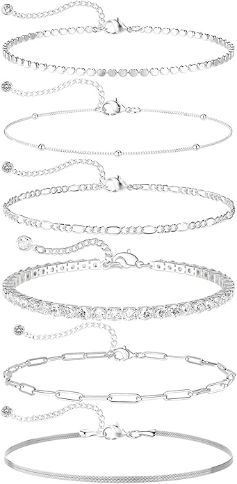 DEARMAY Dainty Silver Plated Bracelets for Women Trendy, Silver Jewelry Set for Women Bracelets for Women Paperclip Box Herringbone Figaro Rope Chain Bracelet Fashion Pack Gifts for Women