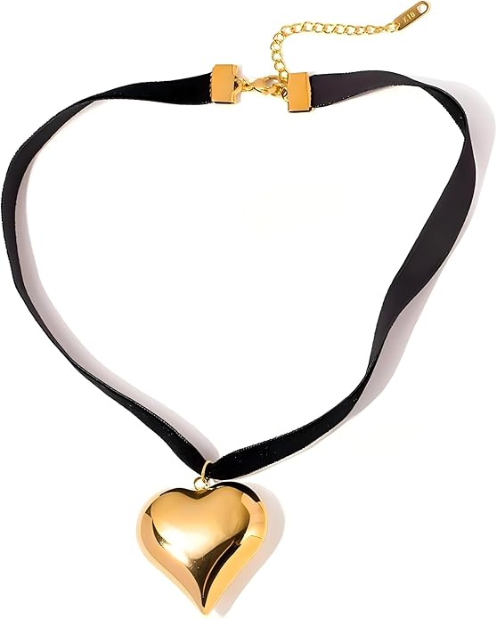 Black Cord 18K Gold Plated/Silver Heart Choker Necklace | Hypoallergenic Vibrant All-match Attractive Black String Love Necklace | Ingenious Design Emo Choker Necklace for Ladies