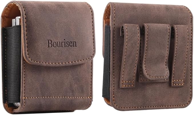 Universal Phone Holster Phone Pouch Case Belt Clip Belt Loops Card Slot Faux Leather for Man for Samsung Galaxy Z Flip 5/4/3 Motorola Razr Plus Razr+ 2023 (Brown&Yellow, XS(3.7"x3.1"x1.1"))