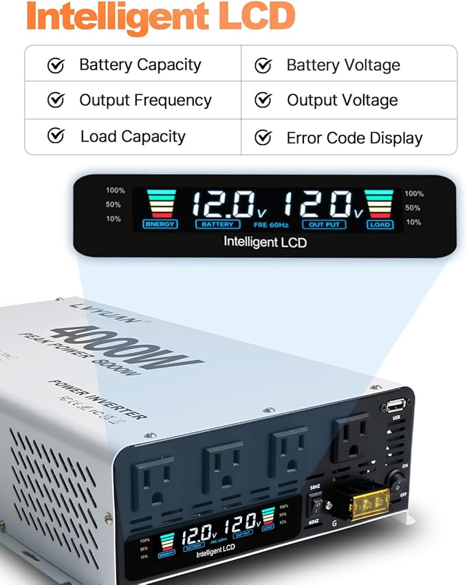 LVYUAN 4000 Watt Power Inverter 12V to 110V 120V DC to AC Converter with 4 AC Outlets, LCD Display, USB Charge Port, Remote Control for Home RV Vehicle Outdoor Camping Car Power Inverter