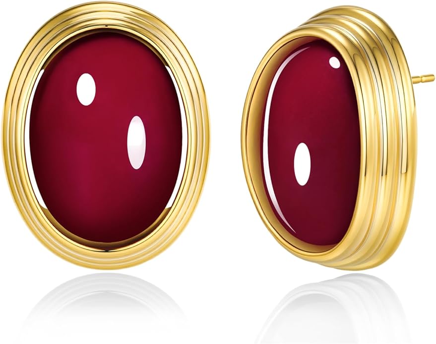 SNGIA18K Gold Plated Burgundy Maroon Red Carnelian Round Oval Ribbed Button Chunky Statement Earrings for Women by SNGIA, Bold Handmade Exaggerated Dome Retro Rounded Button Trendy Bohemian Gemstone Stud Jewelry Gifts, Unique Vintage Baroque Stone Summ...