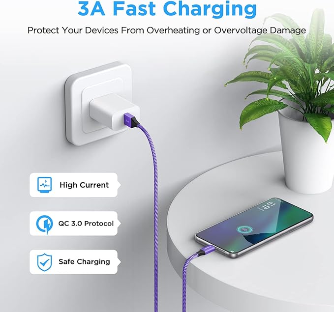 etguuds 6ft USB A to USB C Cable 3A Fast Charging, 2-Pack USB A to USB Type C Charger Cord for iPhone 16 15 Pro/Pro Max/Plus, for Samsung Galaxy S24 S23 S22 S21 S20 S10 A55 A54 Flip Note, Moto, Purple