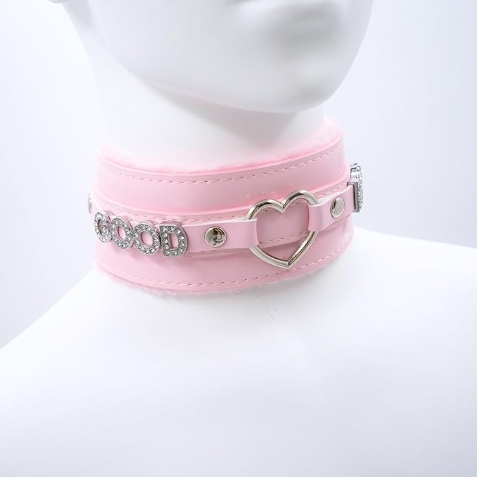 Pink Furry Heart O-ring Leather Choker Collar For Women, Handmade Punk Gothic Letter Necklace Adjustable Fashion Jewelry