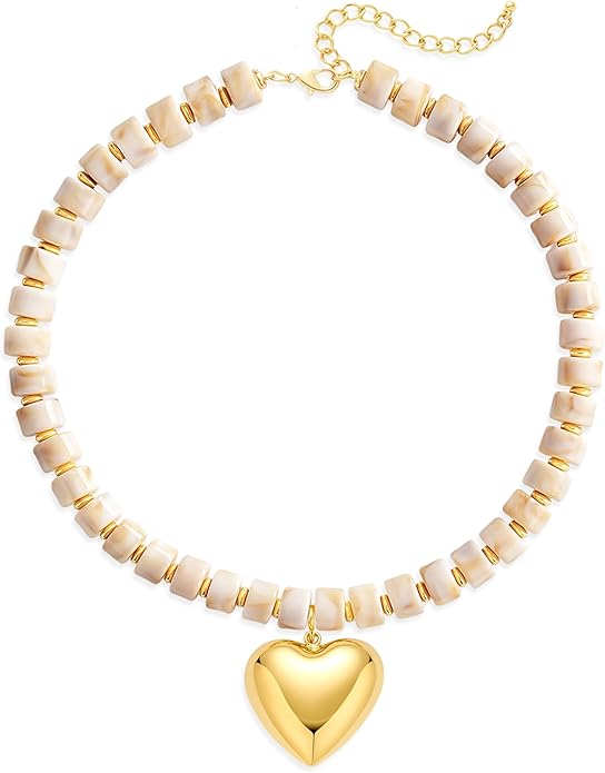 Boho Chunky Heart Necklace for Women - Resin Beaded Choker with Gold Pendant, Summer Beach Vacation Jewelry, Trendy Surfer Y2K Statement Necklace Gifts for Her