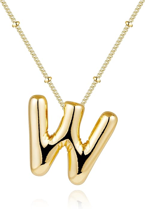Inerney Valentines Day Gifts Gold Bubble Letter Necklace Initial Necklaces for Women, Chunky 14K Plated Balloon Initials, Trendy Charm Non Tarnish Custom Name Pendant Jewelry Gifts for Mom