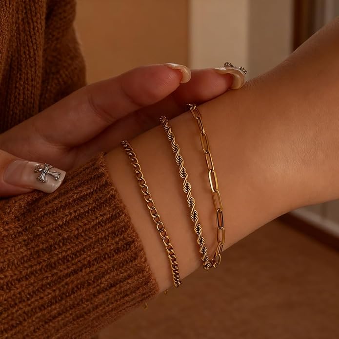 18K Gold Plated Bracelet Sets for Women Waterproof - Trendy Thin Dainty Stackable Cuban Link Paperclip Snake Twisted Chain Fashion Jewelry Accessories Gifts for Women