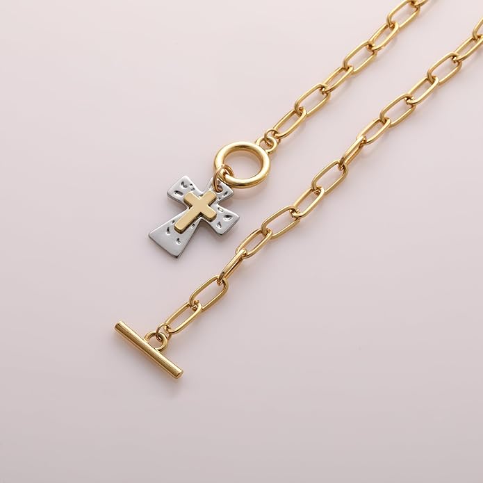 Layered Pearl Chain Necklace for Women, 14K Gold Plated Pearl Link Toggle Clasp Necklace, Dainty Trendy Layered Choker Chunky Jewelry Fashion Gift for Women