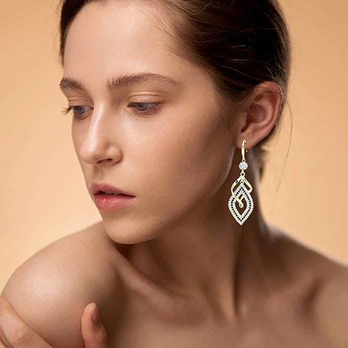 Dangle Earrings for Women, 925 Sterling Silver Handmade Linear Swirl Wire Bohemian Boho 14K Gold Diamonds Earrings Hypoallergenic Fashion Jewelry Gifts for women