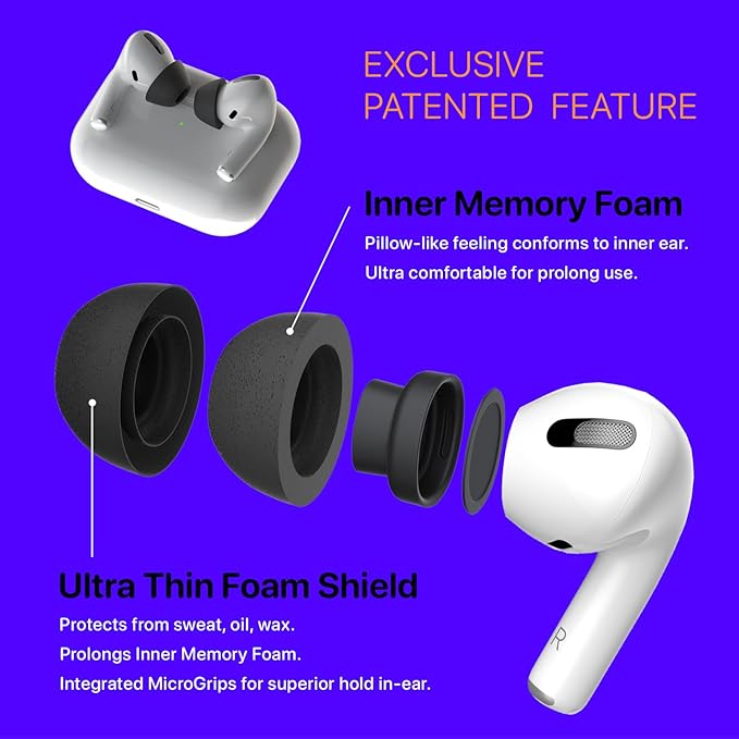 Patented AirFoams Pro Ultra V5.0 Memory Foam Ear Tips with Foam Shield for AirPods Pro 1st & 2nd Gen, Latest Version, Lifetime Replacement, Secure, Comfortable, Replacement Tip (SML)