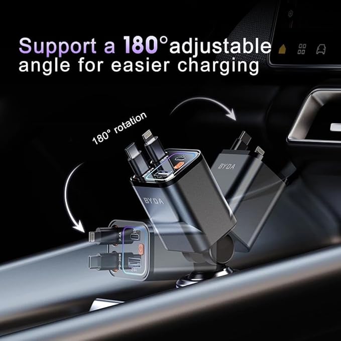 [2025 Mirco-Version] 4 in 1 Retractable Car Charger,69W Car Charger USB C,Cigarette Lighter Adapter,Fast Charging for iPhone 16e/16/15/14,13,Android (Red, for Lightning+USB-C)