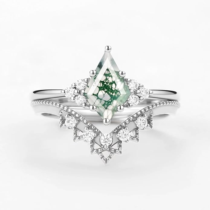 Natural Moss Agate Bridal Ring Set for Women 1CT Kite-cut Moss Agate Engagement Ring Set 925 Sterling Silver 10K 14K 18K Gold Classic Wedding Ring Set