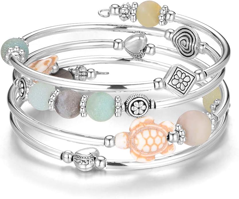 BULINLIN Layered Wrap Bangle Turquoise Bracelet - Bead Bracelet with Natural Agate Stone, Gifts For Women