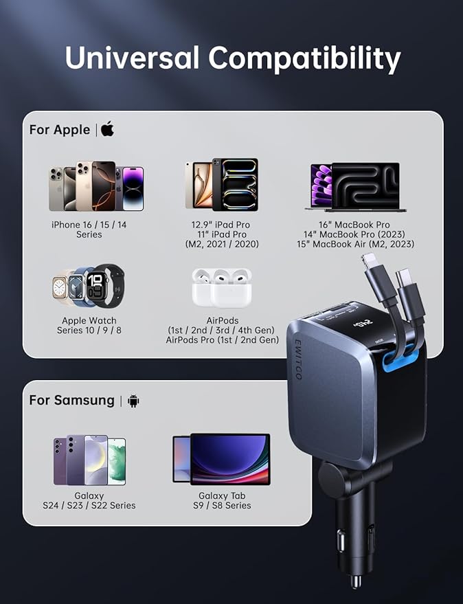 Retractable Car Charger, Car Accessories, 72W Fast Charging USB C Car Charger with 4FT Retractable Cables and 2 Ports, for iPhone 16 15 14 13 12, Samsung etc Warm Grey