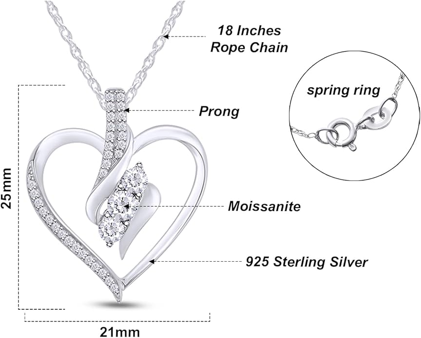 3 Stone Heart Pendant Necklace for Women in 14K Gold Over 925 Sterling Silver, Natural Diamond, Moissanite or Lab-Grown Diamond (0.25 Ct), Dainty Jewelry Gift with 18" Chain for Her Valentine’s Day