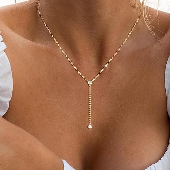 Luxval Lariat Gold Necklace for Women, Dainty Long Necklace 14k Gold Plated/Silver Y-Shaped Pendant Necklaces Trendy Beaded Chain Drop Necklaces Jewelry for Women Gifts