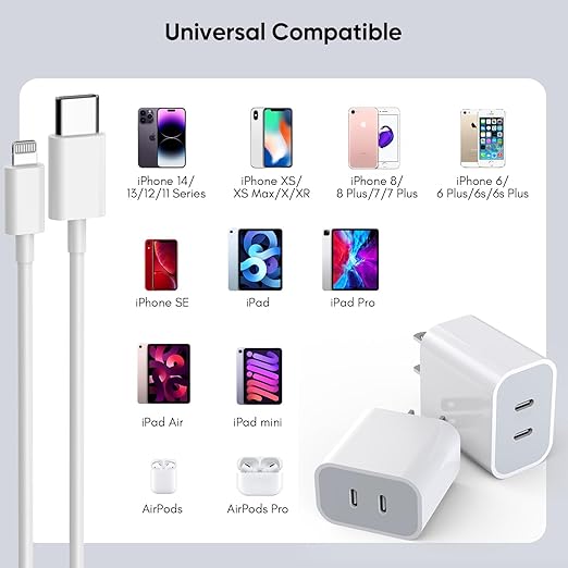 iPhone Charger [Apple MFi Certified] 2Pack PD Dual USB C Charger Block Fast Charging Wall Charge Plug with 10FT Long Rapid Type C - Lightning Cable Apple Charge for iPhone 14/13/12/11/XS/XR/SE, iPad