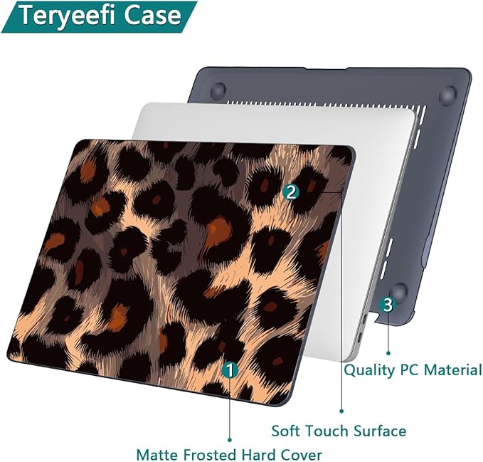 Teryeefi for MacBook Pro 13 inch Case 2022 2021 2020-2016 Release, Design Hard Shell Cover with Keyboard Cover & OTG Adapter Fit Model A2338 M2/M1 A2251 A2289 A2159 A1989 A1706, Leopard Skin Pattern