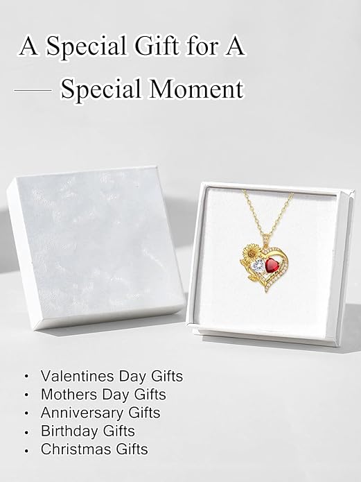 Sunflower Heart Necklace for Women 14K Gold Exquisite Valentines Day Anniversary Birthday Gifts for Wife Mother Her Double Birthstone Pendant Jewelry‘You Are My Sunshine’