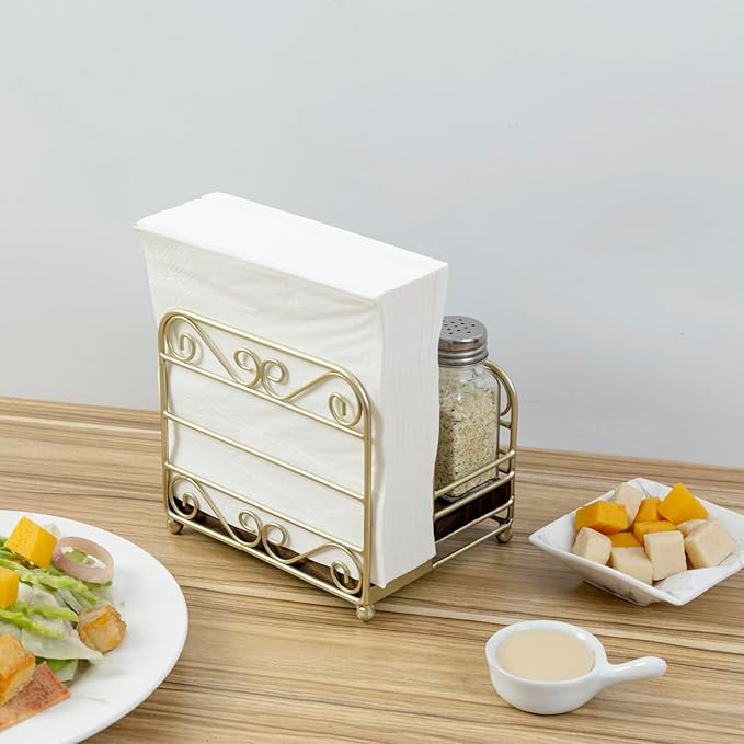 MyGift 2-in-1 Disposable Napkin and Salt & Pepper Caddy, Brass Tone Metal Vintage Scrollwork Dinner Table Paper Towel Condiment Holder with Rustic Burnt Solid Wood Base