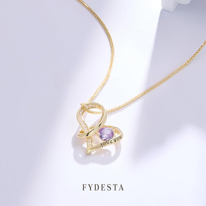 Enduring Hearts Purple Zircon Necklace for Women - 14K Gold Plated Copper Infinity Pendant, Dainty Everyday Jewelry