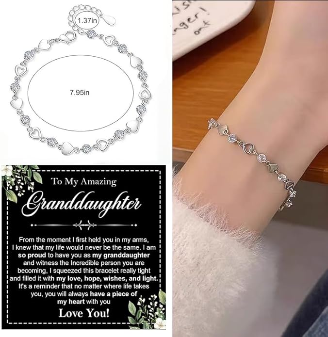 To My Granddaughter Bracelet from Grandma and Grandpa, Heart Chain Bracelet with Shiny Stones, Perfect Birthday or Graduation Christmas Gift for Granddaughter with Message Card and Gift Box