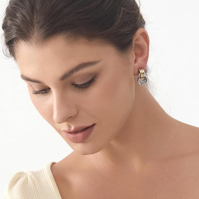 Knot Link Earrings Chunky, Circle Drop Dangle Statement Studs for Women, Silver and Yellow