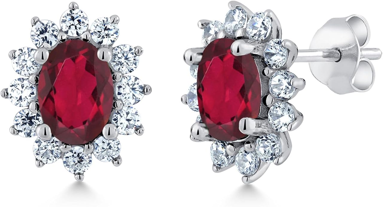Gem Stone King 7X5MM Oval Gemstone Birthstone Stud Earrings For Women | Princess Diana Royal Halo Style | 925 Sterling Silver | Fine Jewelry Gifts for Anniversary Wedding Her Mom Women Wife