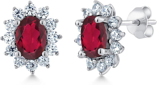 Gem Stone King 7X5MM Oval Gemstone Birthstone Stud Earrings For Women | Princess Diana Royal Halo Style | 925 Sterling Silver | Fine Jewelry Gifts for Anniversary Wedding Her Mom Women Wife