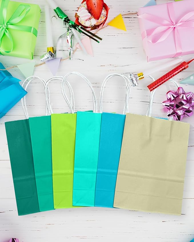 qiqee 30PCS Medium Gift Bag with Handles Bulk 11"x5"x8" Gift Bags 6 Different Green Color Bags Multiple Uses (Medium Size)