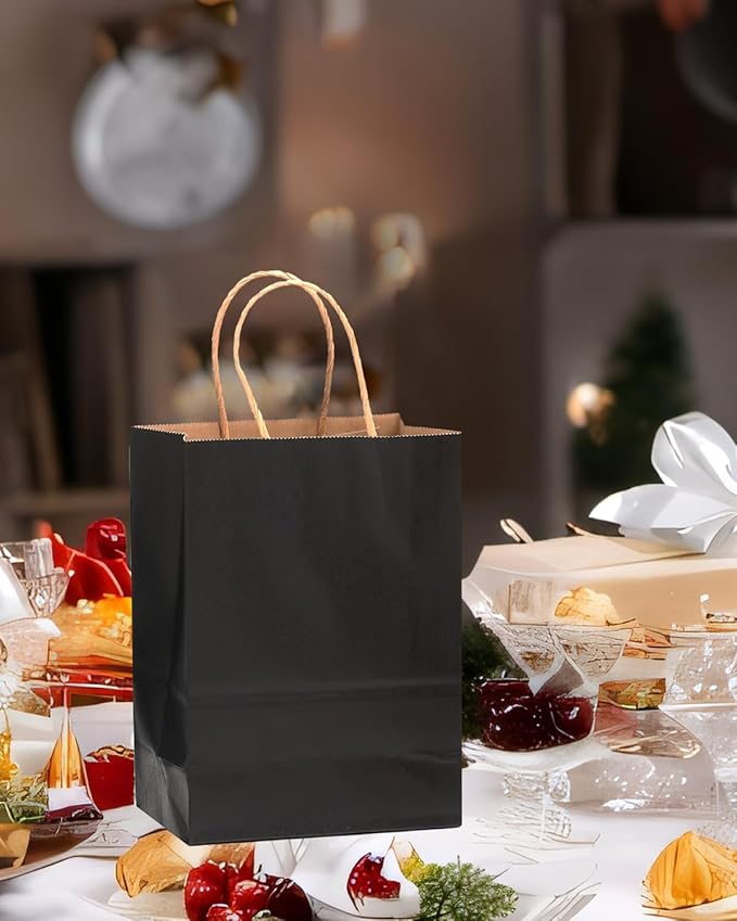 qiqee 200-Packs Black Paper Gift Bags with Handles Bulk 8.3"x6"x3.15" Small Size Paper Bags Multiple Uses