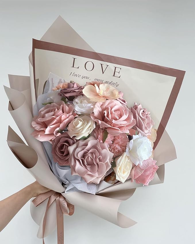 Roses Artificial Flowers Pink Bouquet Combo Box Set Fake Flower Bulk for DIY Bridal Wedding Shower Decorations Centerpieces for Table Faux Floral Arrangement for Party Home Decor Indoor