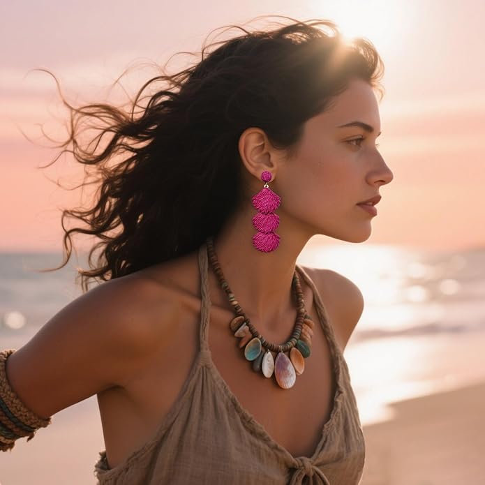 Raffia Dangle Earrings for Women - Boho Statement Rattan Drop Jewelry with Shell Design, Lightweight Summer Beach Trendy Accessories