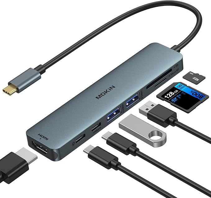 USB C Hub HDMI Adapter for MacBook Pro/Air, MOKiN 7 in 1 USB C Dongle with HDMI, SD/TF Card Reader, USB C Data Port,100W PD, and 2 USB 3.0 Compatible for MacBook Pro/Air, Dell XPS, Lenovo Thinkpad.
