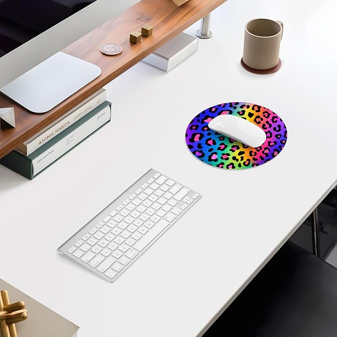 ITNRSIIET Mouse Pad Non-Slip Rubber Base Smooth Surface Stitched Edges Waterproof Durable Compatible with All Mice for Office & Gaming, Desk Accessory, Diameter 8.7 inch, RainbowLeopard