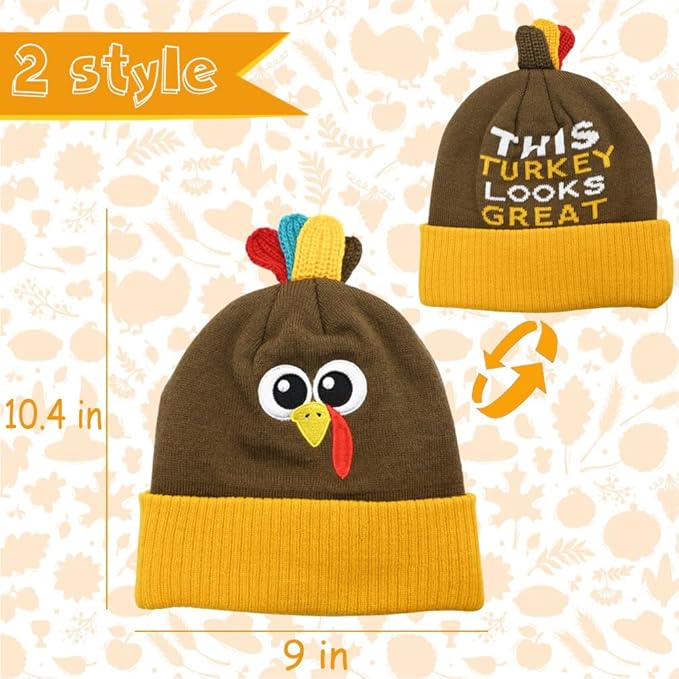2PACK Thanksgiving Pom Pom Beanie Hats, Turkey Beanie Hat Running Hats Turkey Knitted Cap for Adults Thanksgiving Party Orange