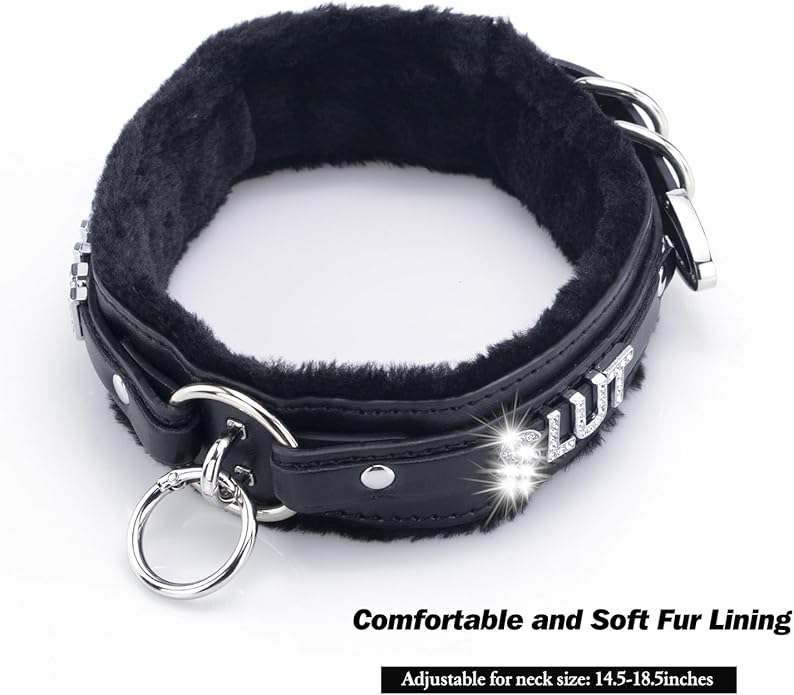Sparkle Letter Choker Collar For Women, Furry O-ring Leather Collar Punk Gothic Choker Necklace Adjustable Fashion Jewelry, Black