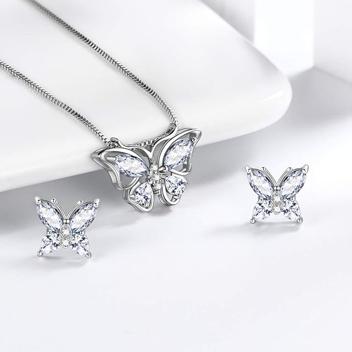 Aurora Tears Butterfly Jewelry,Women 925 Sterling Silver Butterflies Birthstone Pendant Necklace/Earrings/Rings Wedding Gift