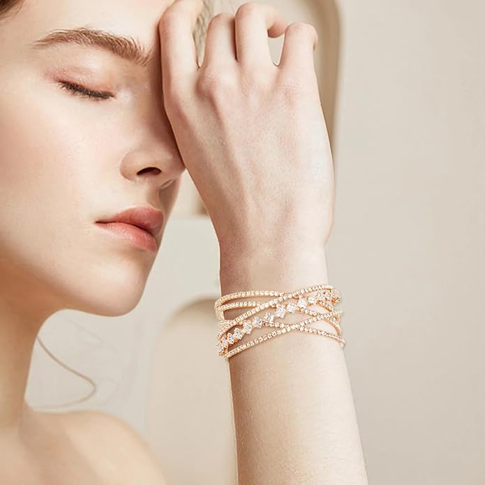 Rhinestone Bracelet Multilayer Cuff Bracelet Sparkling Crystal Layered Bridal Bracelets for Women