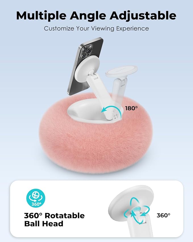Viozon Phone Holder for Bed, Magnetic Pillow Stand, Compatible with 4-7" Phone/Kindle with Small Storage, Removable Suction Base for Stability, Idea for Kindle Reading and Video Watching On Bed,Pink