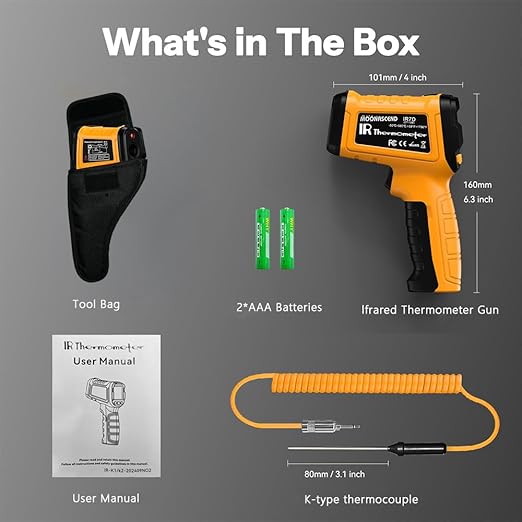 Infrared Thermometer Temperature Gun -58°F to 1796°F, 50:1 Dual-Mode Temp Guns with K-Type Thermocouple for Internal Readings, HVAC Contactless Lazer IR Thermometers for Home & Industry