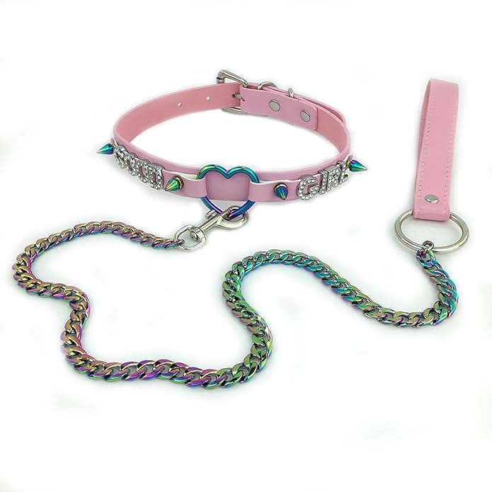 Succuba Handmade Heart Ring Rhinestone Letter Pu Leather Choker Collar Necklace for Women and Men