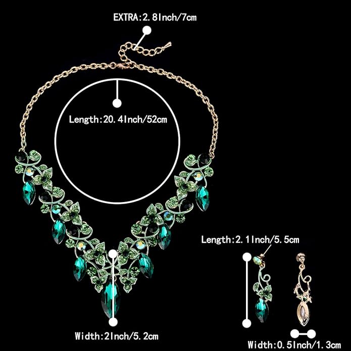 BriLove Women's Costume Fashion Crystal Floral Vine Leaf Statement Necklace Dangle Earrings Set